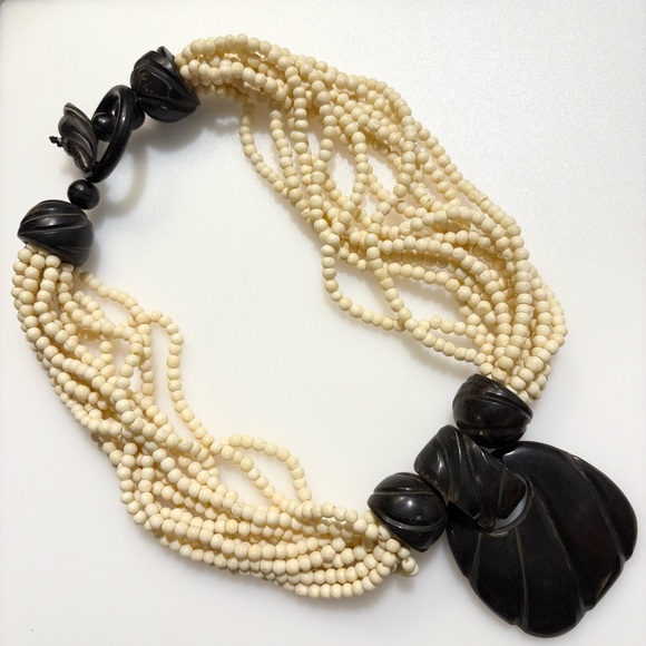 Jewelry - Vintage Gerda Lynggaard Bone Bead Multi-strand Ivory Dark Brown Black Necklace